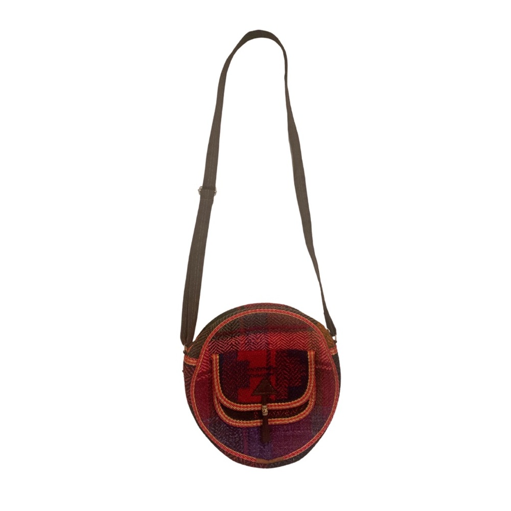 2/$30 Round Vintage Plaid Boho Crossbody Bag Brown Red Southwestern Western - Picture 1 of 8